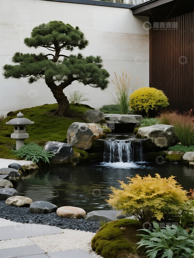 高清大图下载【趣麦麦图】中式现代庭院中的瀑布与松树