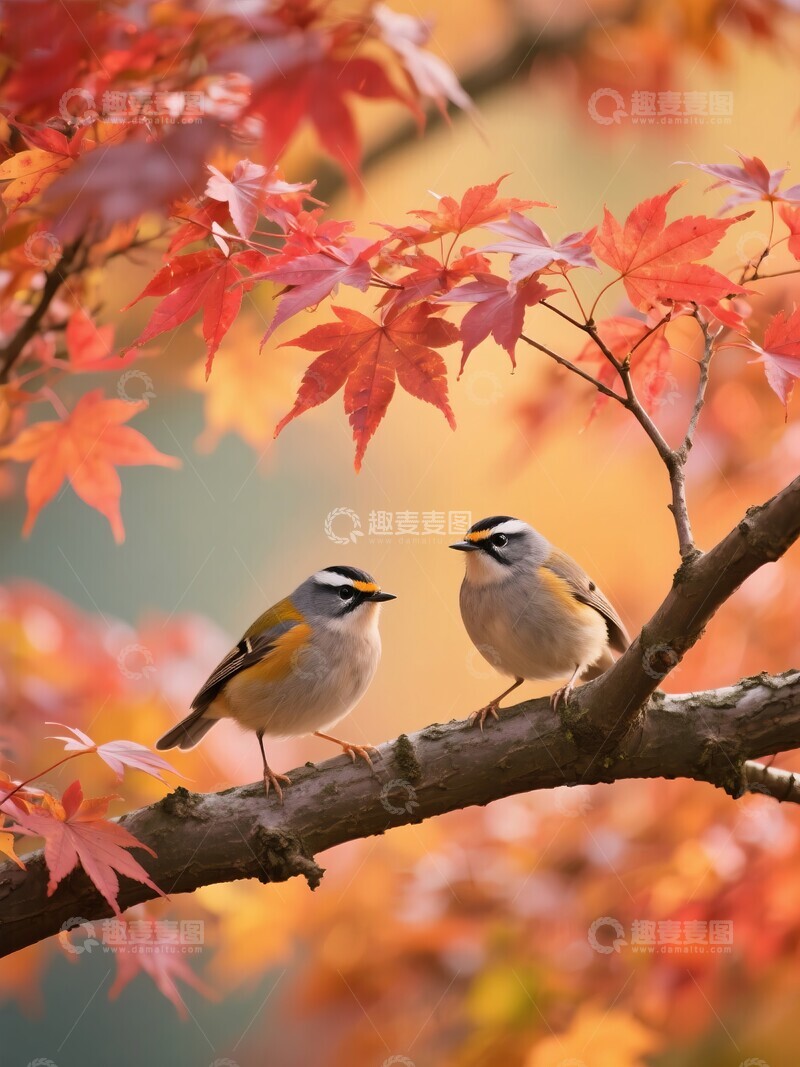 高清大图下载【趣麦麦图】两只小鸟栖息在秋叶繁茂的树枝上