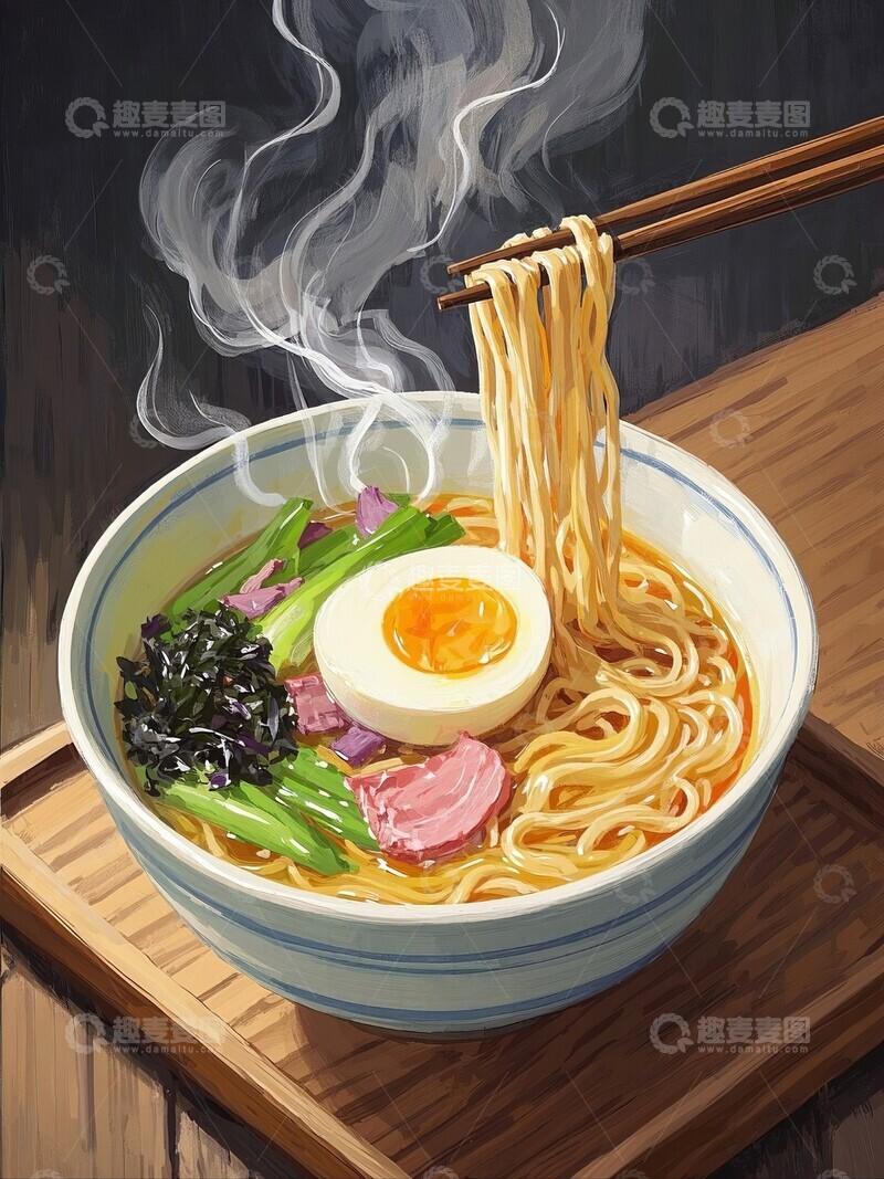 高清大图下载【趣麦麦图】-热气腾腾的拉面，筷子夹起面条插画