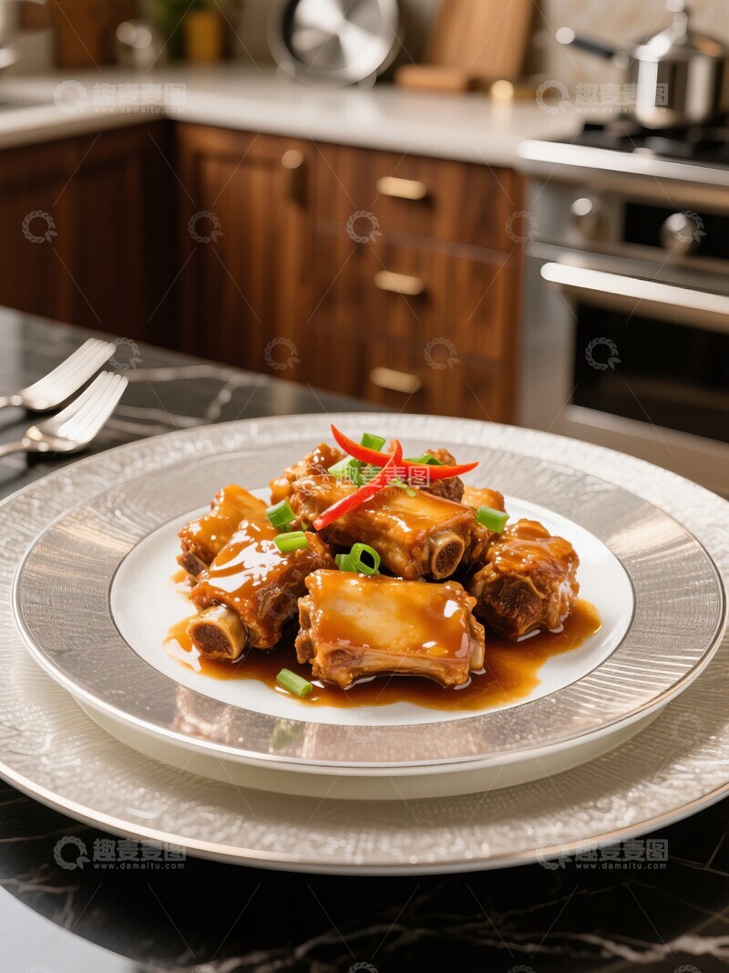 高清大图下载【趣麦麦图】美味红烧排骨盛在精致盘中