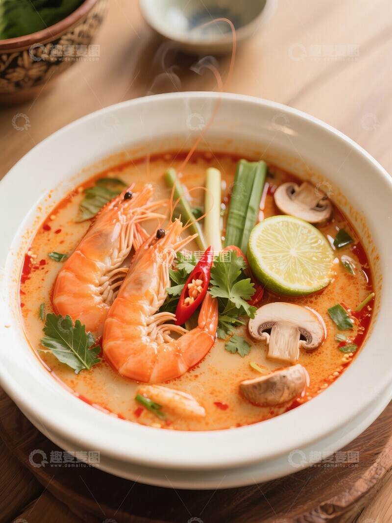 高清大图下载【趣麦麦图】泰式风味冬阴功汤，虾与柠檬的美味组合