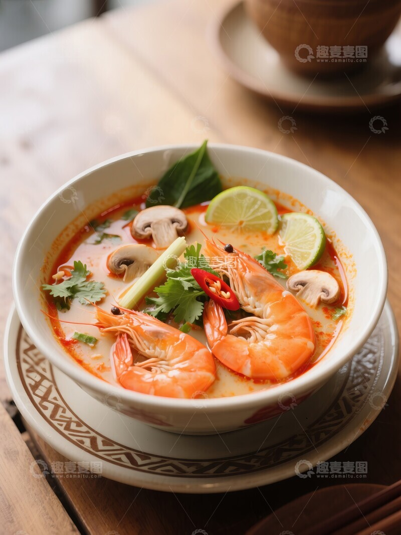 高清大图下载【趣麦麦图】泰式风味海鲜冬阴功汤，虾与柠檬的美味组合