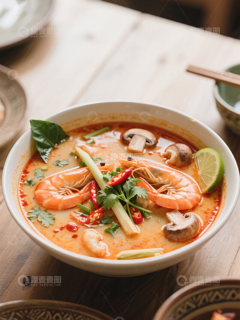 高清大图下载【趣麦麦图】泰式冬阴功海鲜汤，虾与柠檬的美味组合