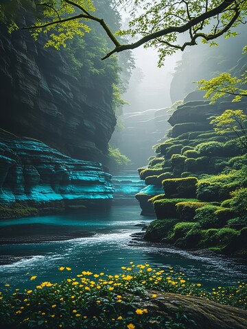 阳光穿过森林的梯田水池