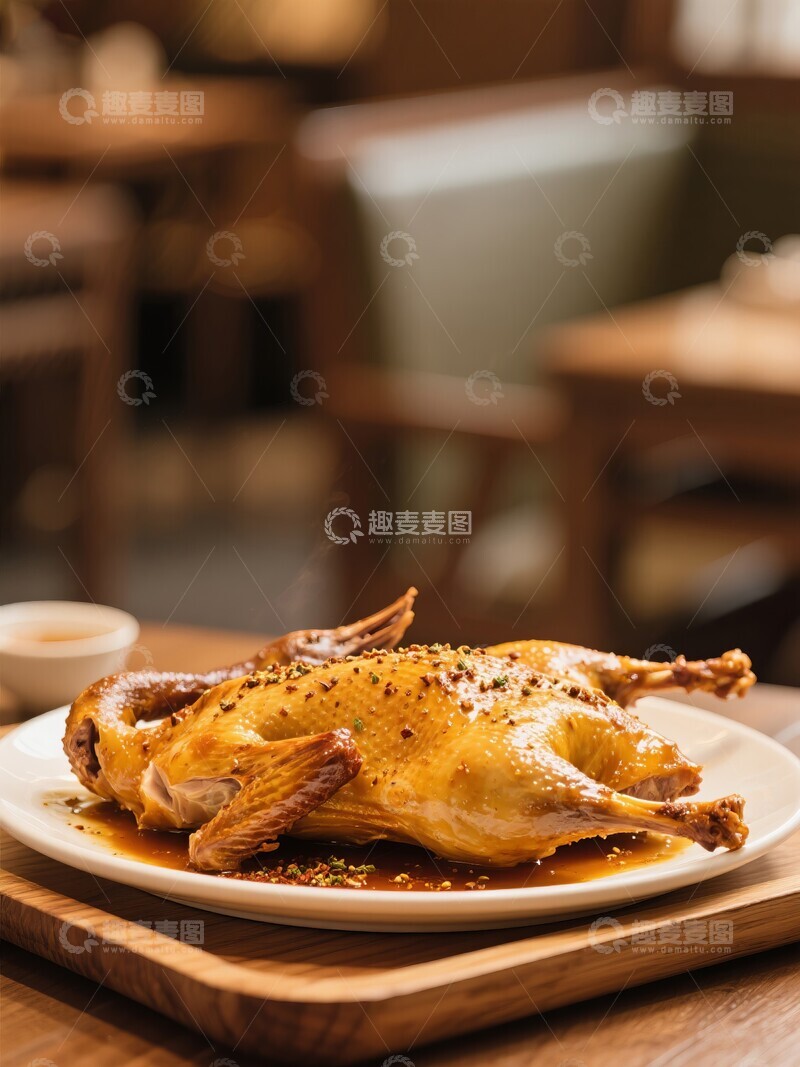 高清大图下载【趣麦麦图】烤鸭整只，色泽红亮，摆盘精美