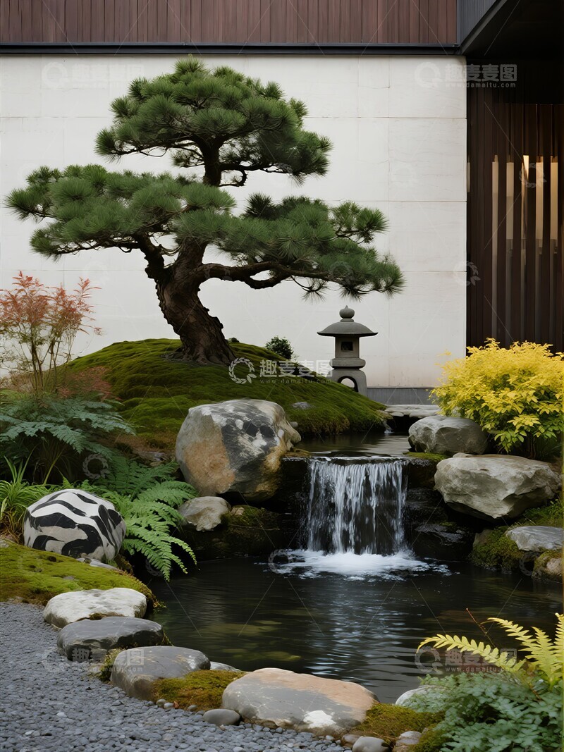 高清大图下载【趣麦麦图】中式现代庭院中的瀑布与石灯