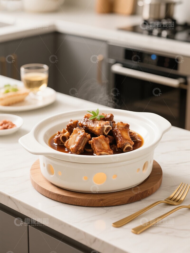 高清大图下载【趣麦麦图】热气腾腾的排骨炖菜置于现代厨房