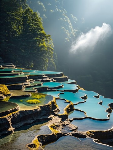 阳光穿透森林的梯田水池