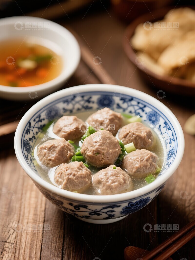 高清大图下载【趣麦麦图】青花瓷碗中的牛肉丸汤