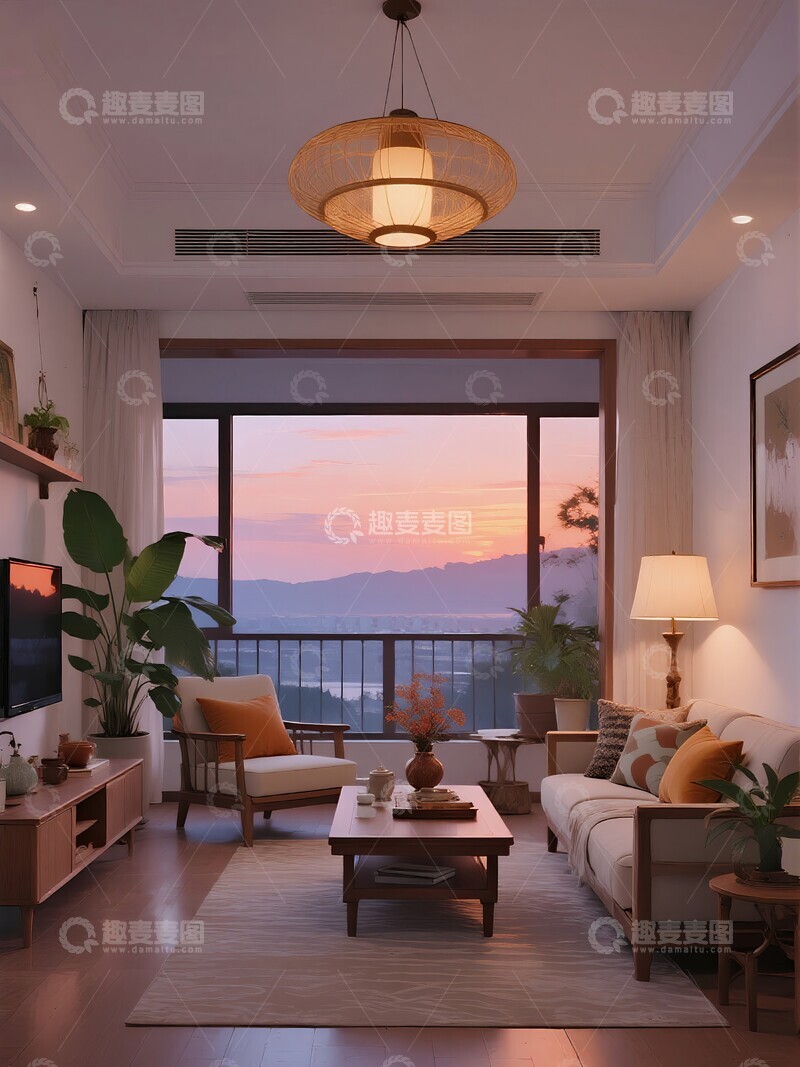 高清大图下载【趣麦麦图】现代客厅与夕阳景色