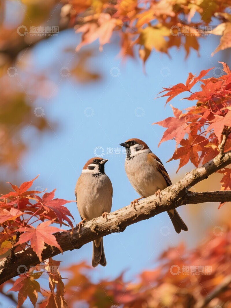 高清大图下载【趣麦麦图】秋日枝头，两只小鸟栖息