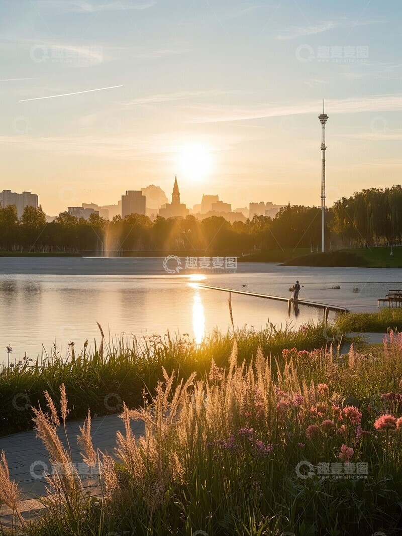 高清大图下载【趣麦麦图】日落湖畔，城市剪影