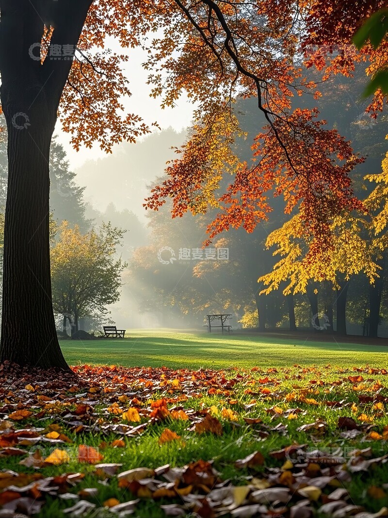 高清大图下载【趣麦麦图】秋日公园晨光中的草坪与彩树