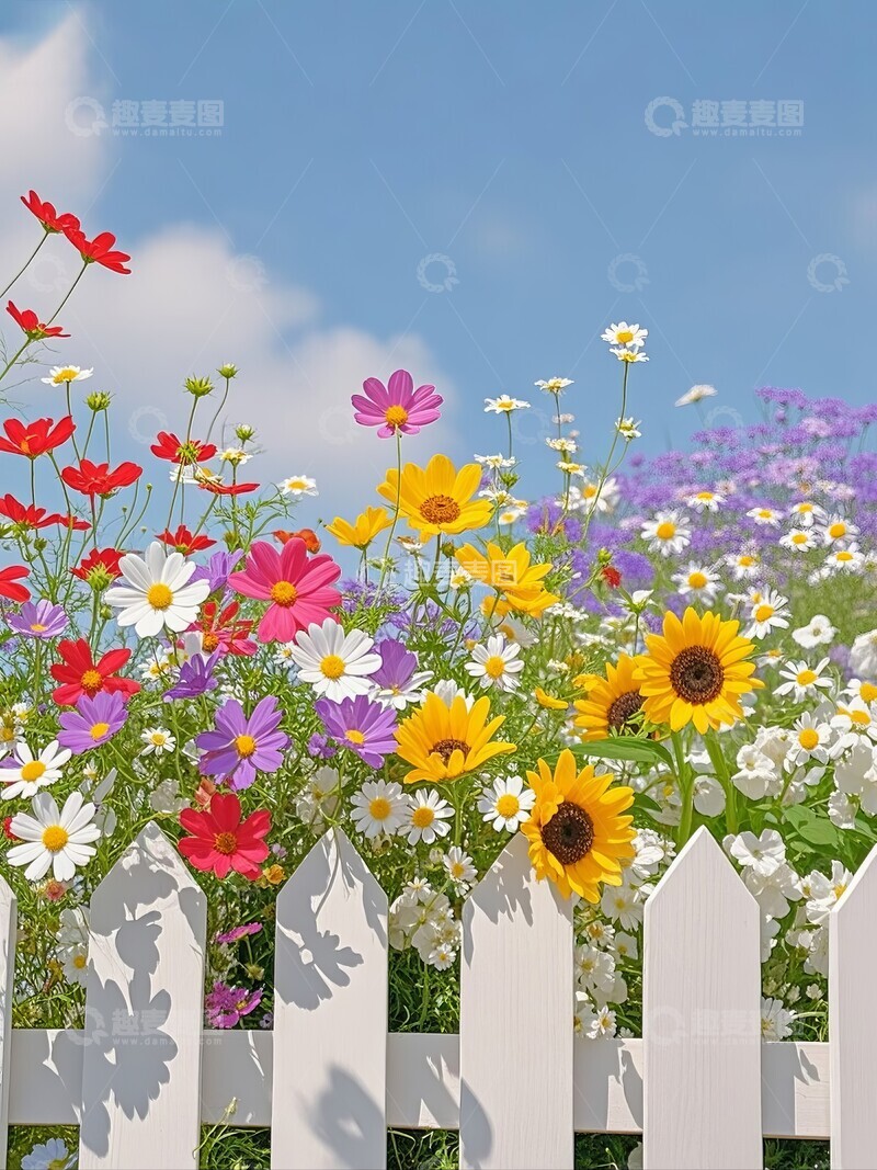 高清大图下载【趣麦麦图】白色围栏上的多彩花卉
