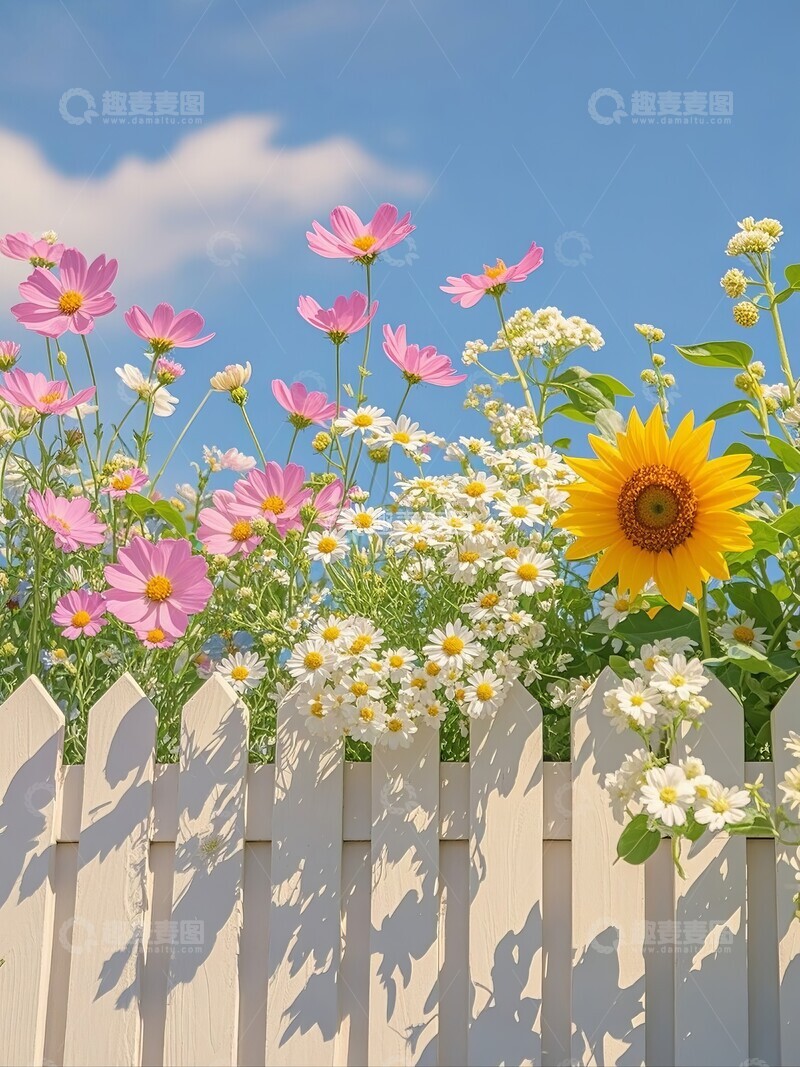 高清大图下载【趣麦麦图】五彩缤纷的花丛与白色栅栏