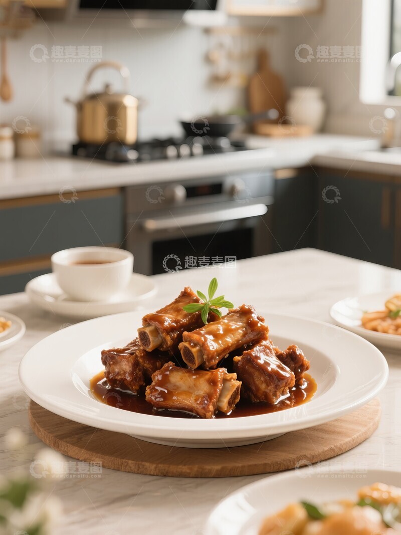高清大图下载【趣麦麦图】厨房台面上的美味排骨菜肴