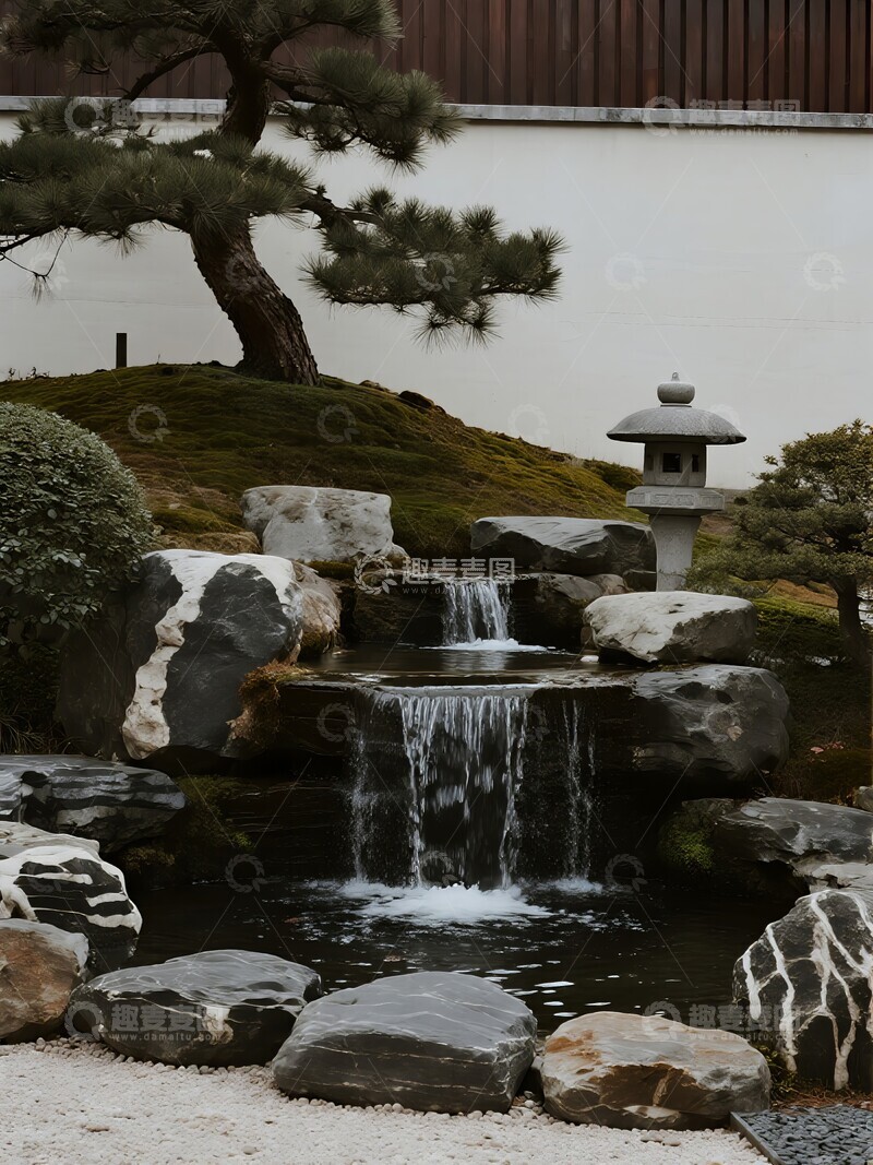 高清大图下载【趣麦麦图】中式庭院中的瀑布与石灯