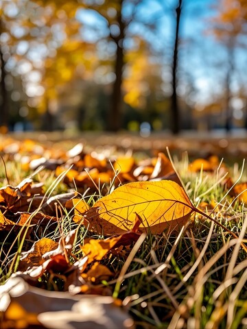 秋日阳光下的落叶与绿草地