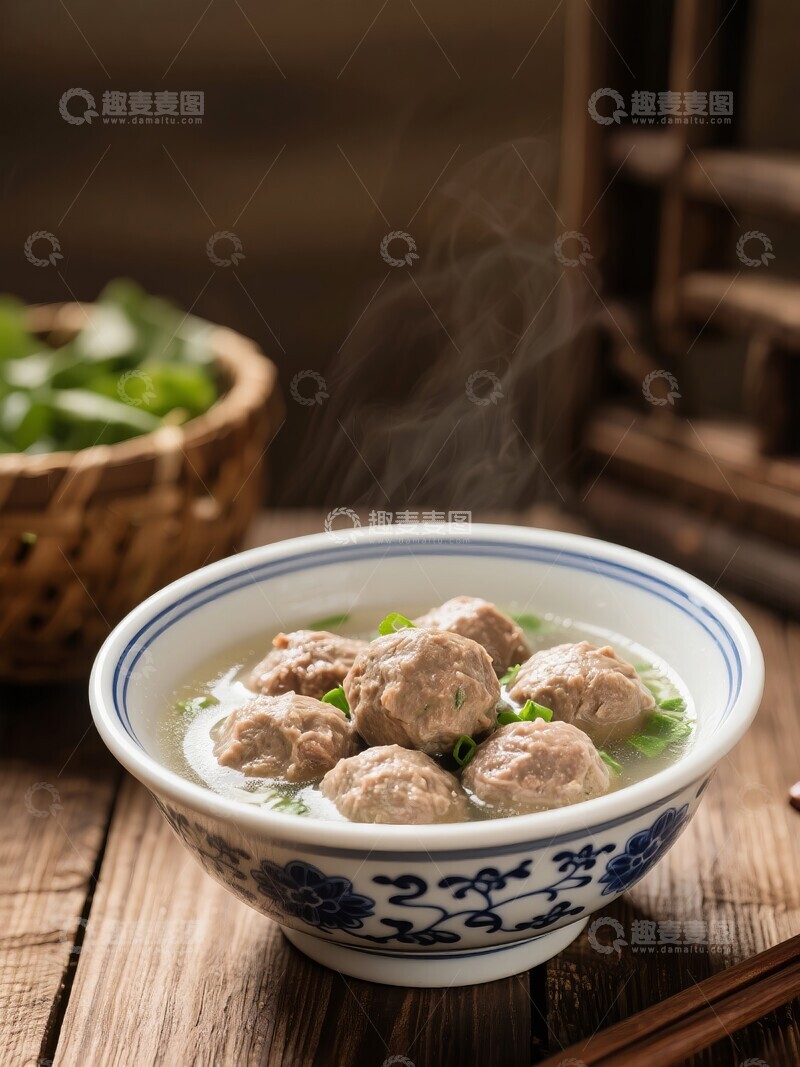 高清大图下载【趣麦麦图】清汤肉丸，配以葱花点缀