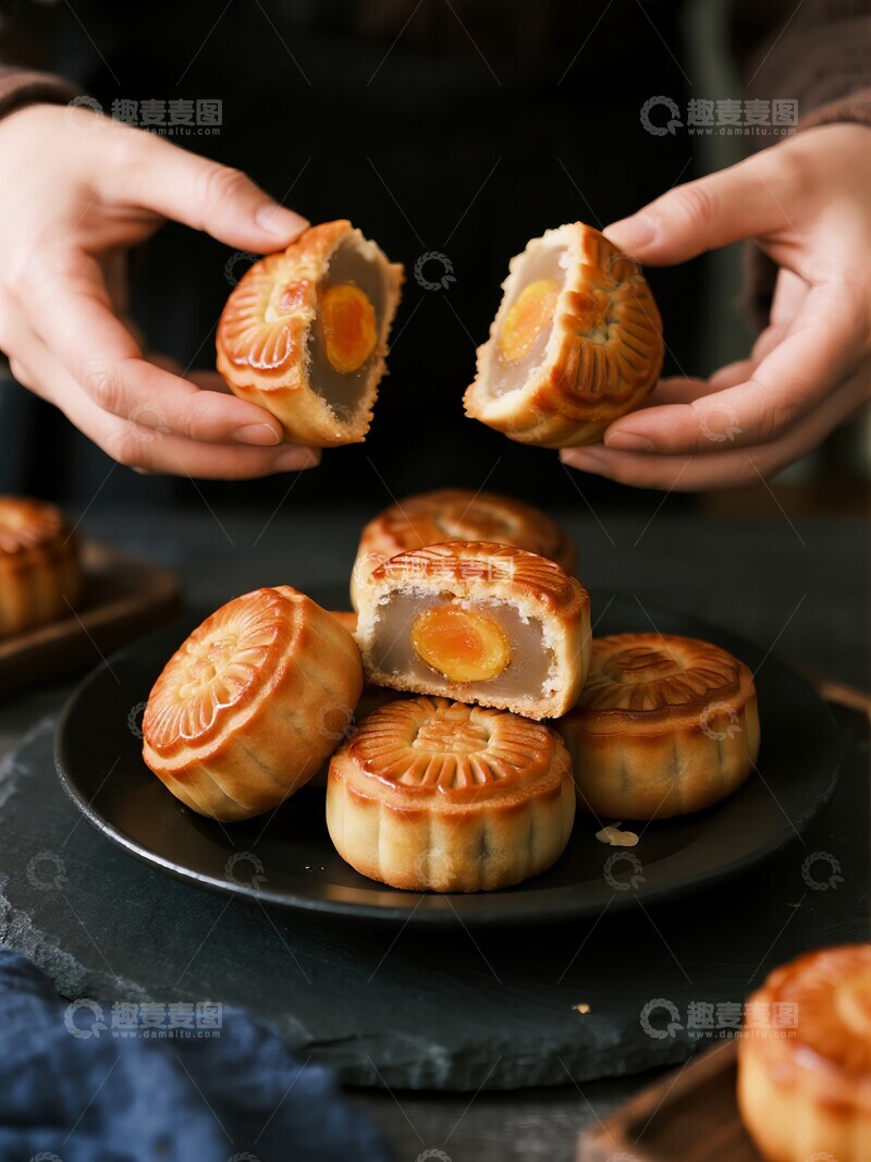 高清大图下载【趣麦麦图】月饼切开展示，馅料丰富诱人