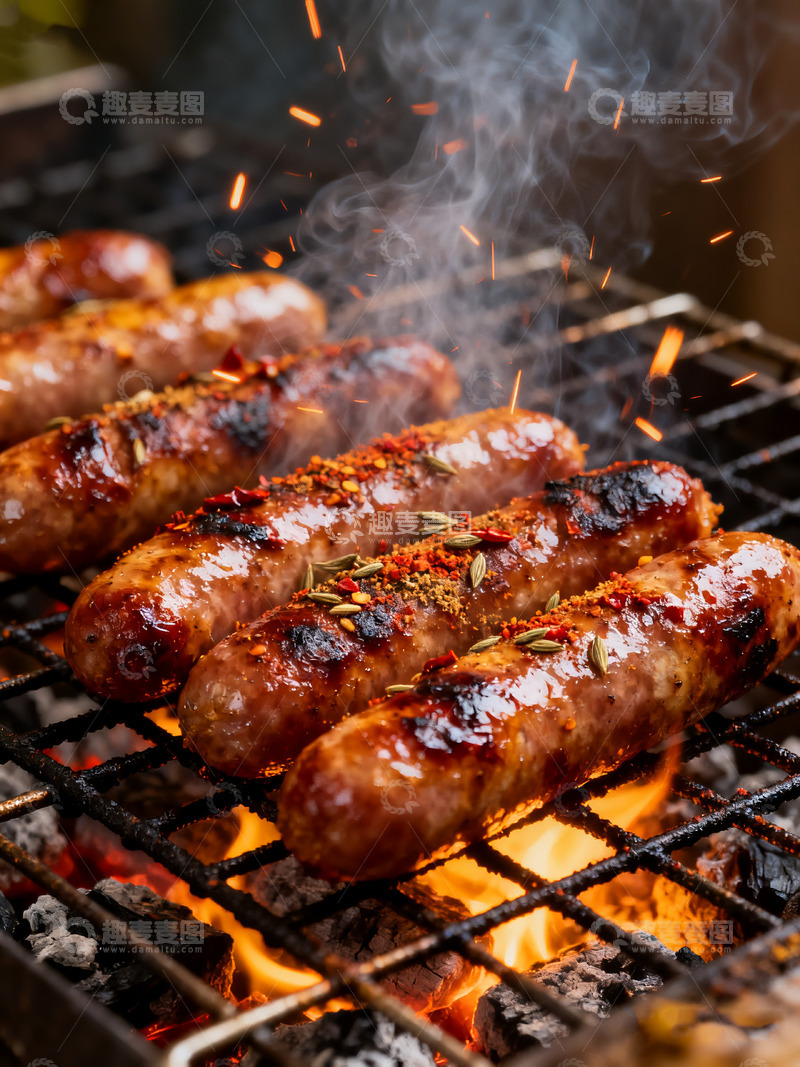 高清大图下载【趣麦麦图】炭火上滋滋冒油的烤香肠
