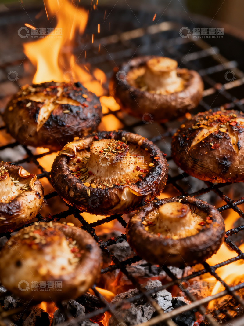 高清大图下载【趣麦麦图】炭火上烤制的美味蘑菇