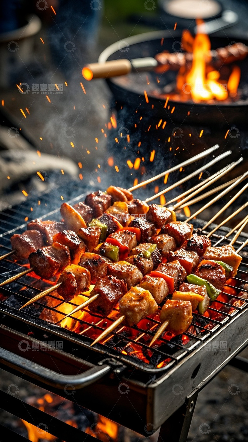 高清大图下载【趣麦麦图】炭火上的烤羊肉串