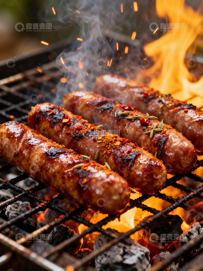 高清大图下载【趣麦麦图】炭火上滋滋冒油的烤香肠