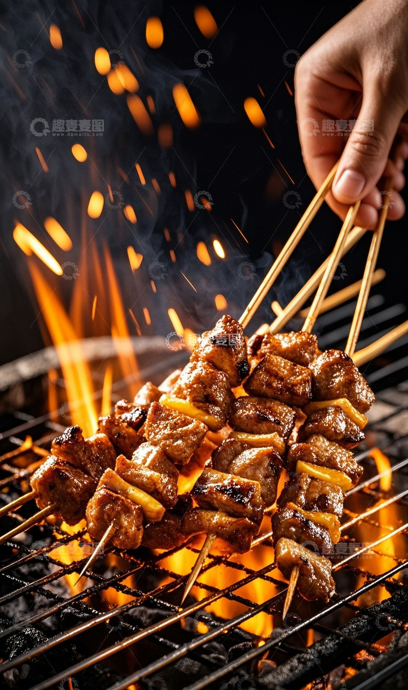 高清大图下载【趣麦麦图】炭火上的烤肉串