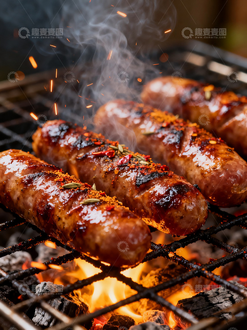 高清大图下载【趣麦麦图】炭火上滋滋冒油的烤香肠