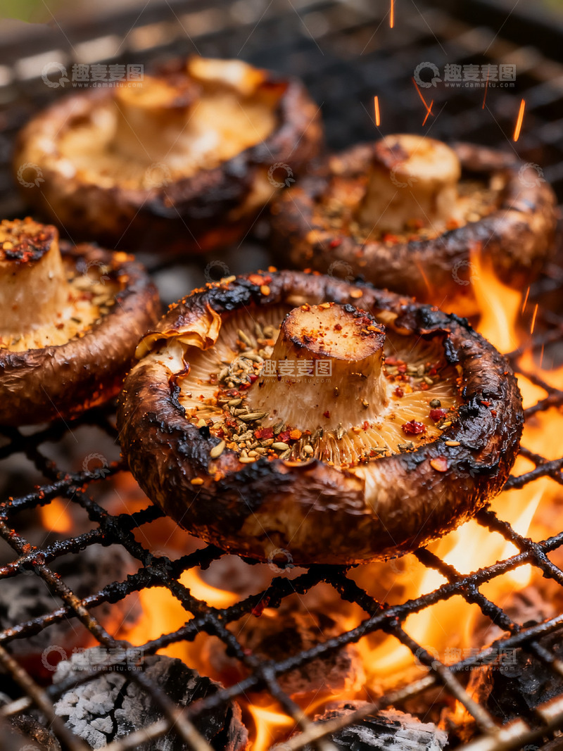 高清大图下载【趣麦麦图】炭火上的美味蘑菇