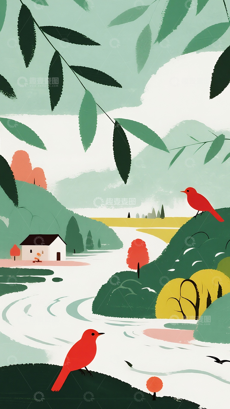 高清大图下载【趣麦麦图】浅绿山水插画