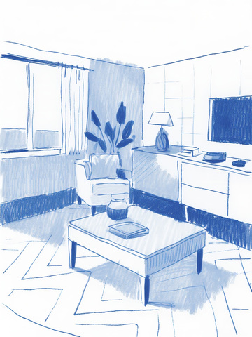 蓝色系室内场景素描画