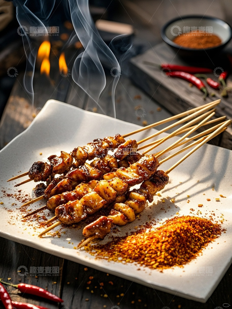 高清大图下载【趣麦麦图】炭火上滋滋冒油的烤肉串