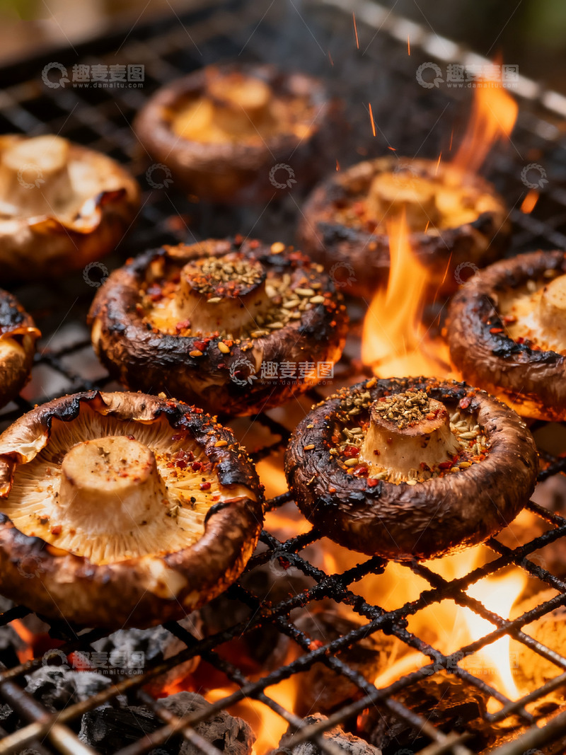 高清大图下载【趣麦麦图】炭火上烤制的蘑菇
