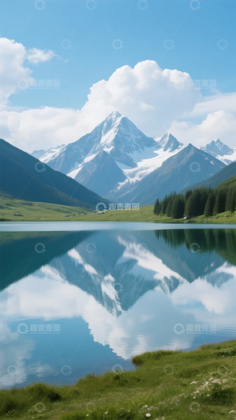 高清大图下载【趣麦麦图】冰山湖水蓝天白云1