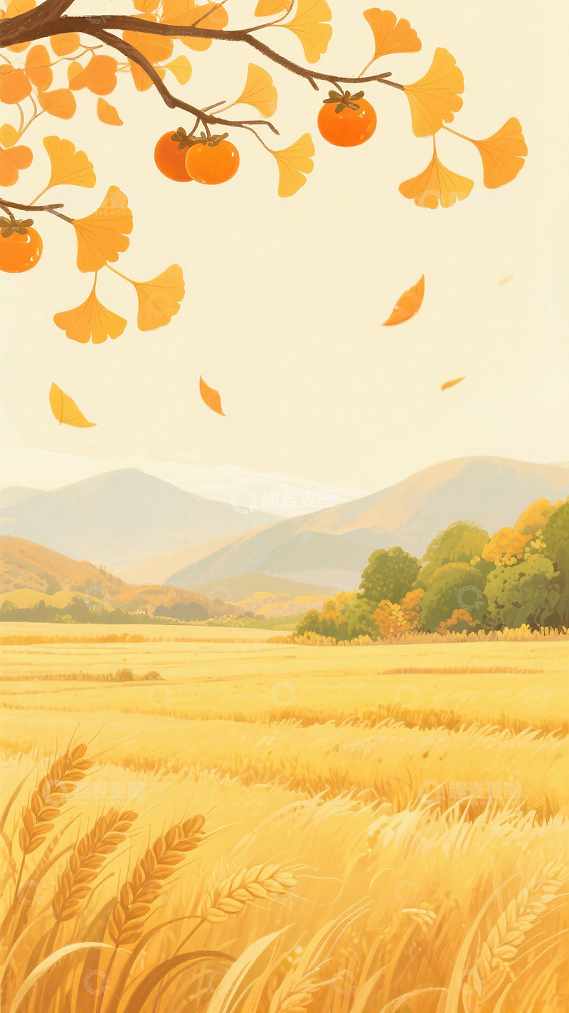 高清大图下载【趣麦麦图】秋日田园插画风景治愈海报背景素材