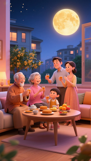 中秋夜一家人的欢乐团聚