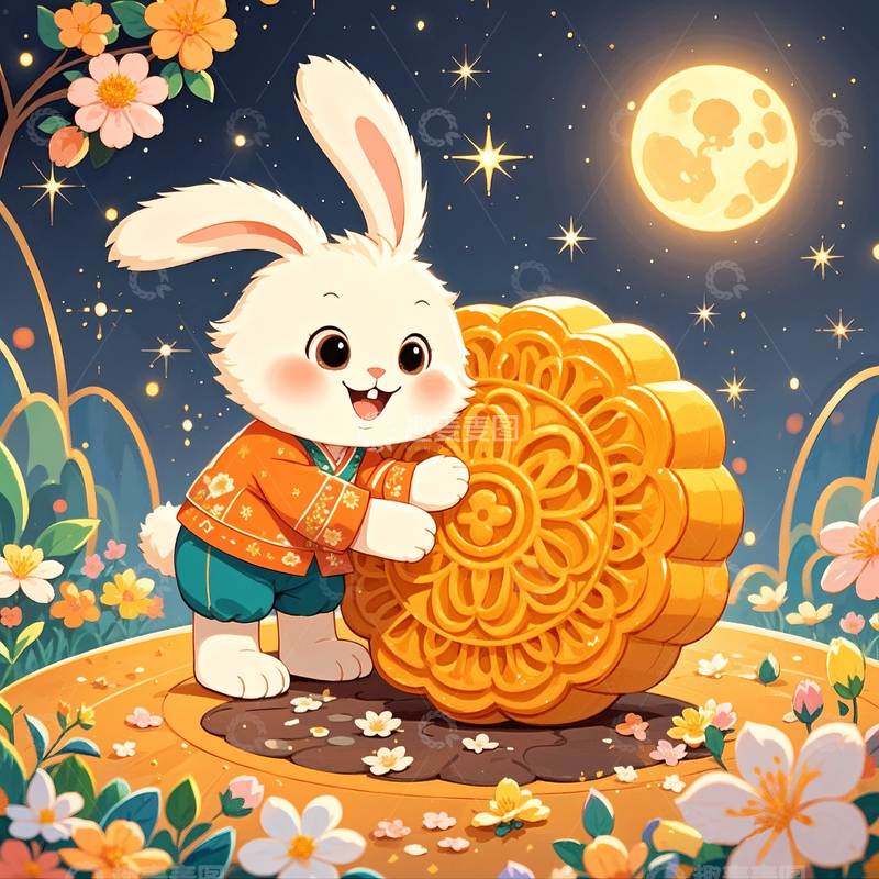 源文件下载【趣麦麦图】兔子和月饼插画1