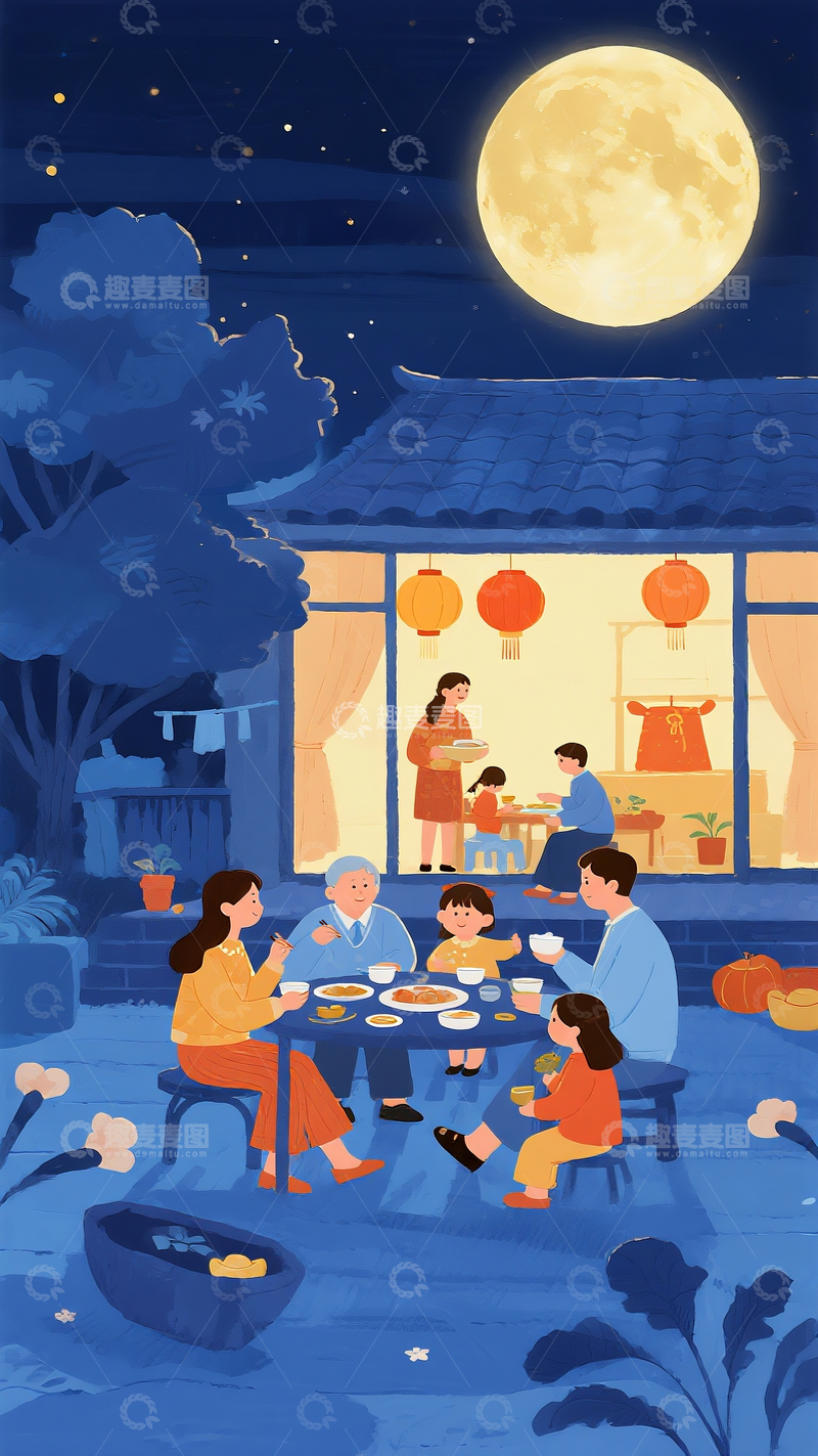 源文件下载【趣麦麦图】中秋团聚插画6