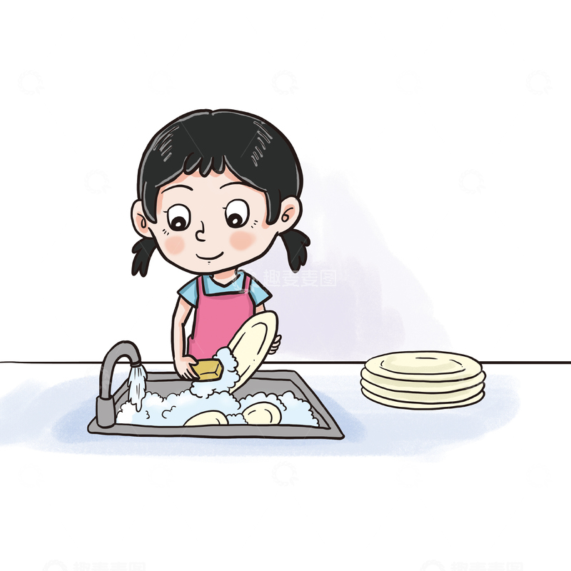 源文件下载【趣麦麦图】女孩子洗碗做家务勤劳