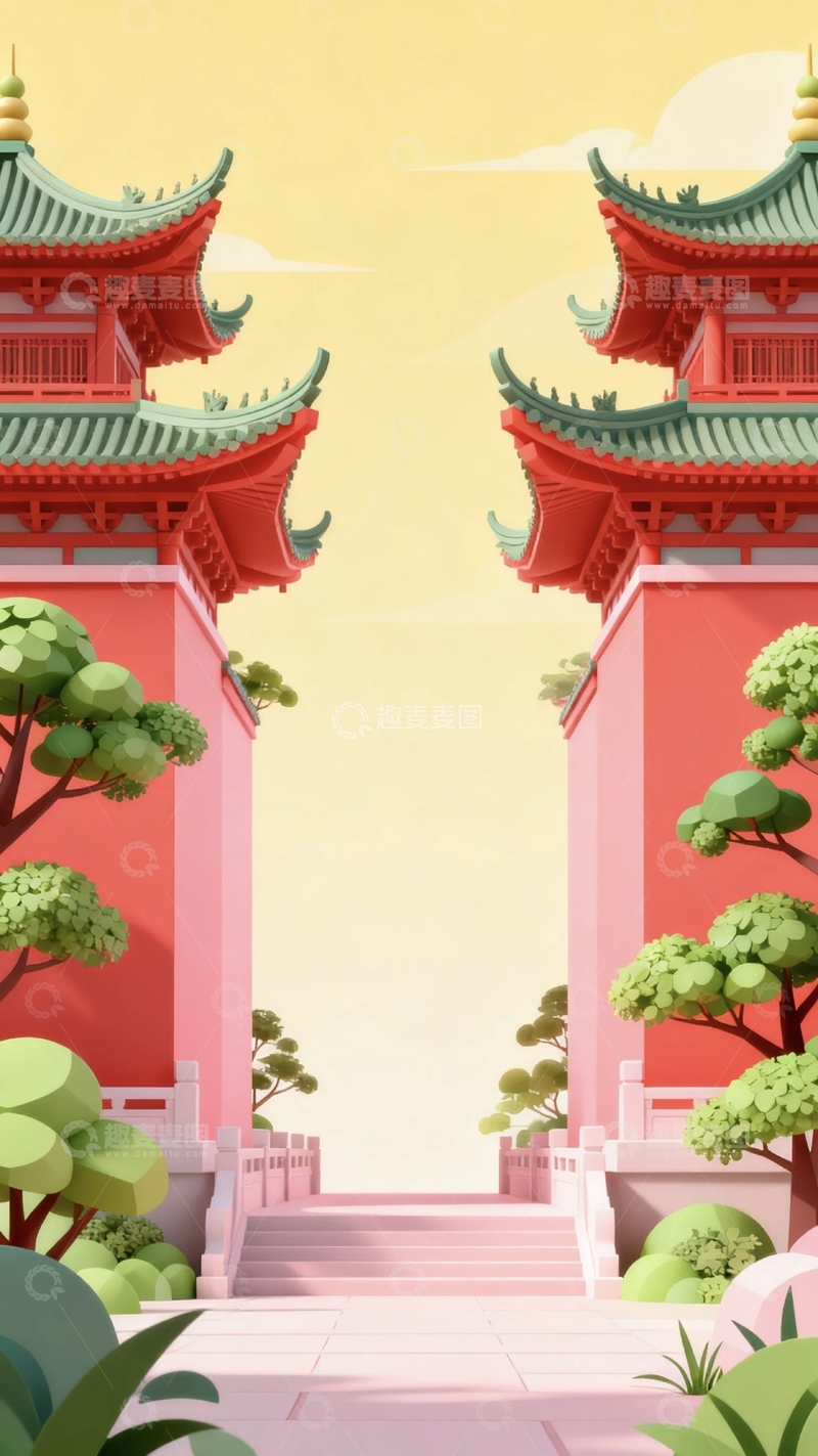 高清大图下载【趣麦麦图】国风国潮建筑背景壁纸1