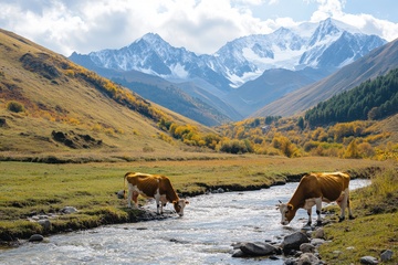 大草原上喝水的马匹