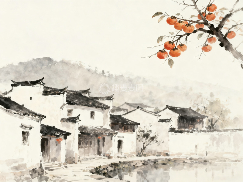 高清大图下载【趣麦麦图】水乡屋舍柿红江南人家水墨画
