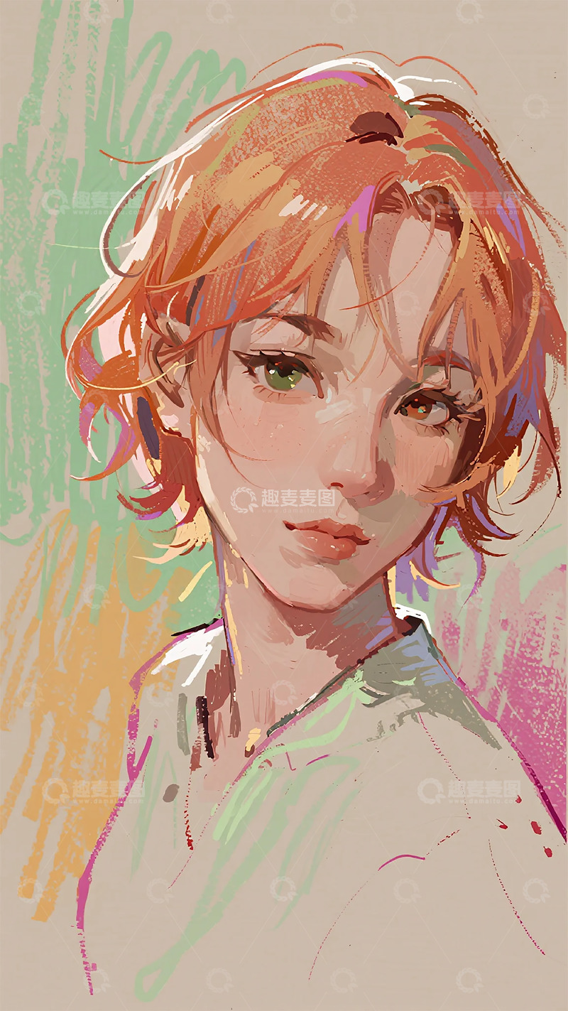 橙红短发人物肖像活泼艺术插画高清