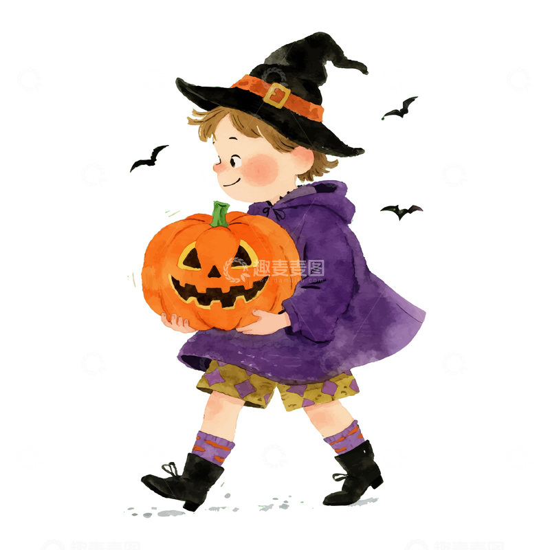 源文件下载【趣麦麦图】万圣节小孩抱着南瓜