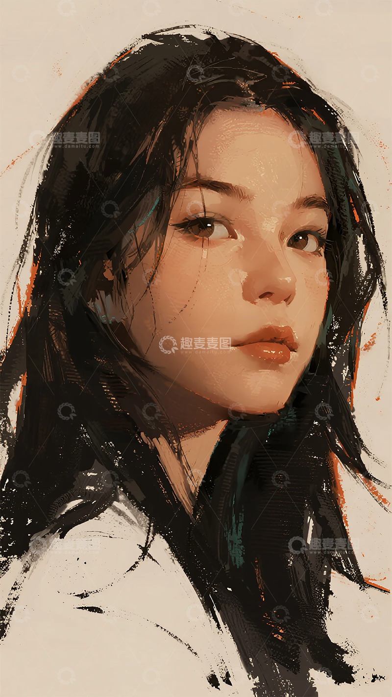 高清大图下载【趣麦麦图】-女性肖像乌黑长发白色衣物粗犷笔触艺术氛围