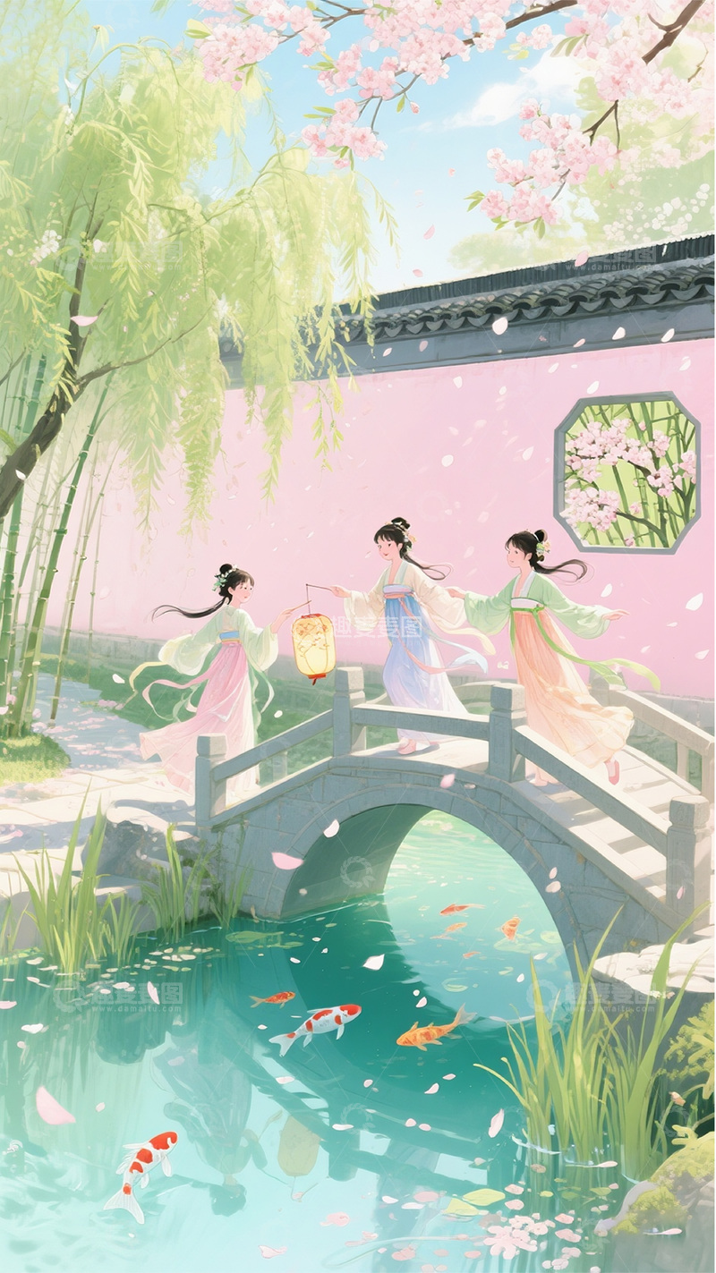 高清大图下载【趣麦麦图】清新园林仕女图3