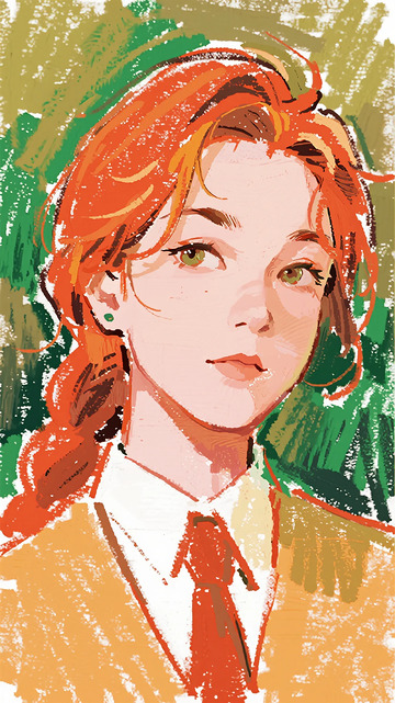 红发女性肖像活泼清新艺术插画对比色彩