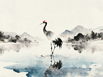 水墨湖畔丹顶鹤
